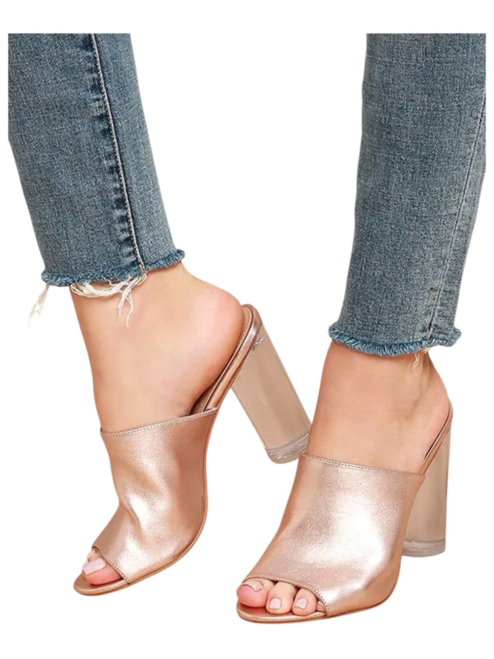 Steve Madden Classics Metallic Rose Gold Leather Mules 6.5 Orig $90 Clear Heel